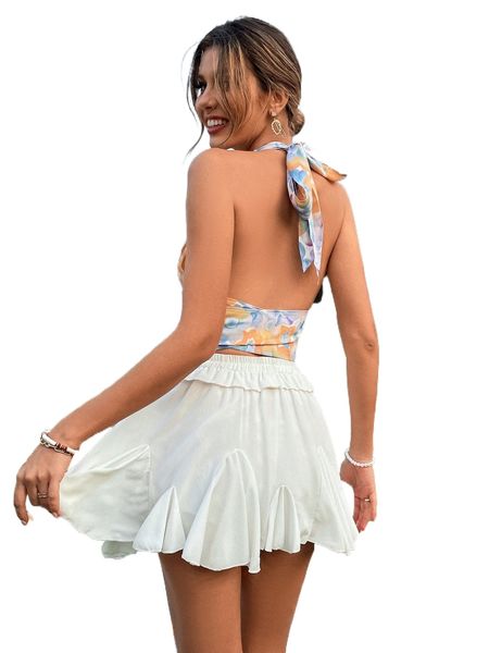 floral tie front crop halter r9p3#, White 
floral tie front crop halter r9p3#, White