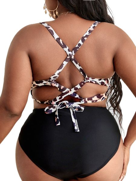 plus leopard crisscross tie backless bikini y61b#, Black
