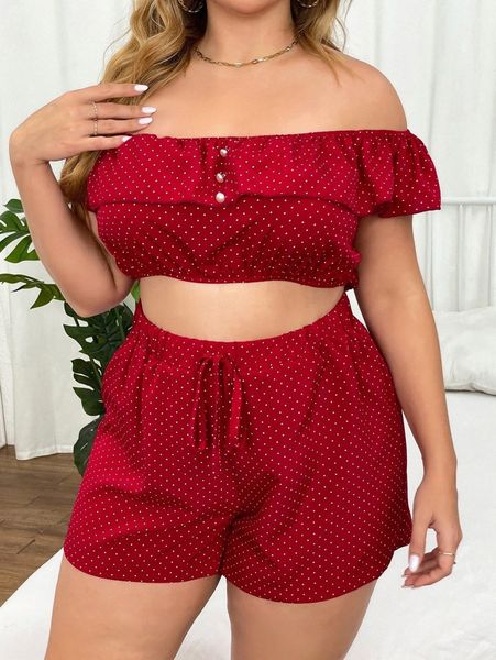 plus polka dot off shoulder crop & knot front shorts k541#, Black
plus polka dot off shoulder crop & knot front shorts k541#, Black