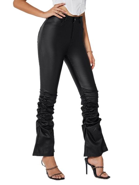 high waist ruched flare leg jeans l72a#, Blue
