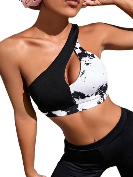 medium support tie dye cut out front one shoulder sports bra u3in#, Gray 
medium support tie dye cut out front one shoulder sports bra u3in#, Gray