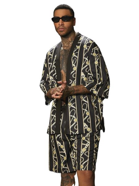 men striped & chain print kimono & shorts v3m5#, Gray
men striped & chain print kimono & shorts v3m5#, Gray