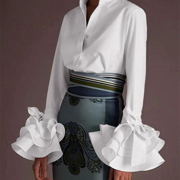 women shirts vonda spring summer turndown collar flare sleeve party office shirt casual blusas 220718, White
women shirts vonda spring summer turndown collar flare sleeve party office shirt casual blusas 220718, White