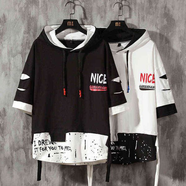 men ribben hoodies summer male fashion short sleeve hoodies men's hoodies tshirt color splice hooded tshirt street style y220426, White;black
men ribben hoodies summer male fashion short sleeve hoodies men's hoodies tshirt color splice hooded tshirt street style y220426, White;black