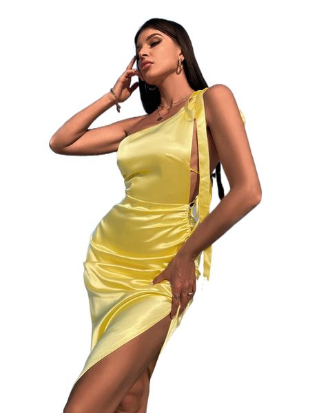 one shoulder ruched split thigh satin dress b35f#, Black;gray