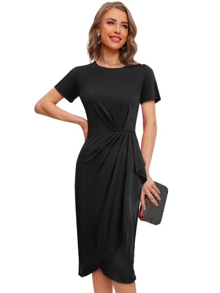 ruffle detail cross wrap dress d1av#, Black;gray