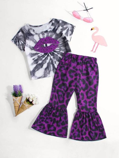 toddler girls lips and tie dye tee & flare leg pants she01, White