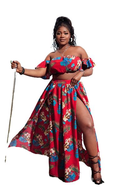 x zuza plus tropical print off shoulder & slit skirt d92n#, Black
x zuza plus tropical print off shoulder & slit skirt d92n#, Black