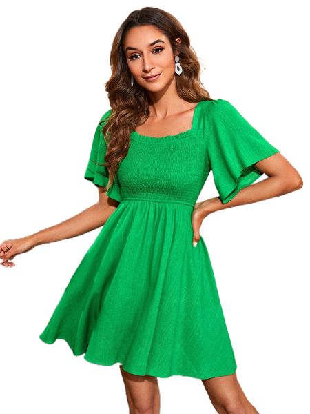 shirred frill trim butterfly sleeve dress b2q6#, Black;gray