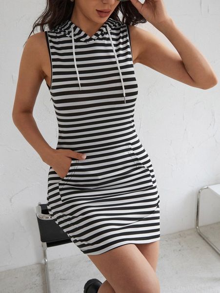 striped drawstring hooded tank dress g4b4#, Black;gray