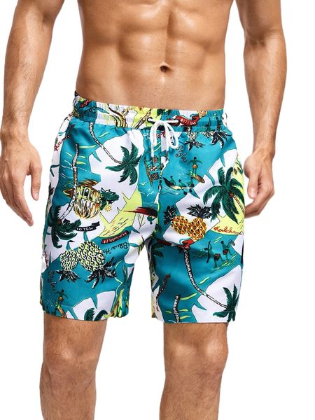 men tropical print drawstring waist shorts 55pi#, White;black 
men tropical print drawstring waist shorts 55pi#, White;black