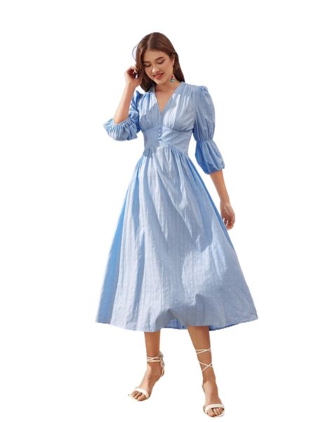 gathered sleeve ruched bust button detail dress 484q#, Black;gray 
gathered sleeve ruched bust button detail dress 484q#, Black;gray