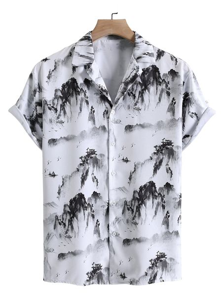 men random landscape print shirt e216#, White;black
men random landscape print shirt e216#, White;black