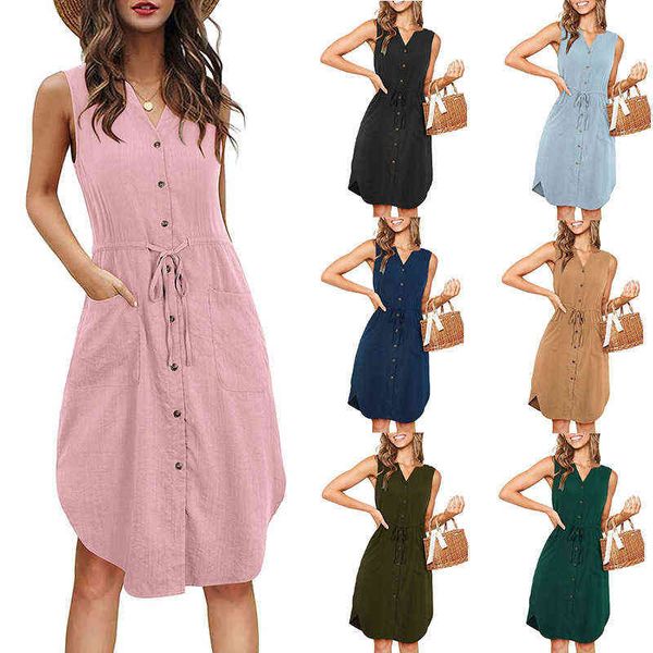 2022 summer casual women's sleeveless v-neck button lace up pocket dress, Black;gray
2022 summer casual women's sleeveless v-neck button lace up pocket dress, Black;gray