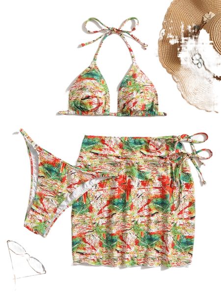 allover print halter triangle bikini swimsuit with beach skirt 23mk#, White;black
allover print halter triangle bikini swimsuit with beach skirt 23mk#, White;black