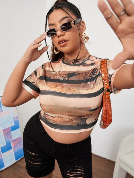 plus striped stand collar crop tee z58b#, Black
plus striped stand collar crop tee z58b#, Black