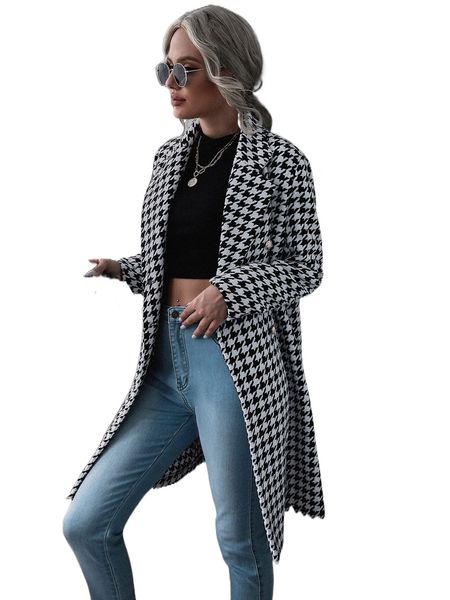lapel collar double breasted houndstooth coat 35jr#, Black