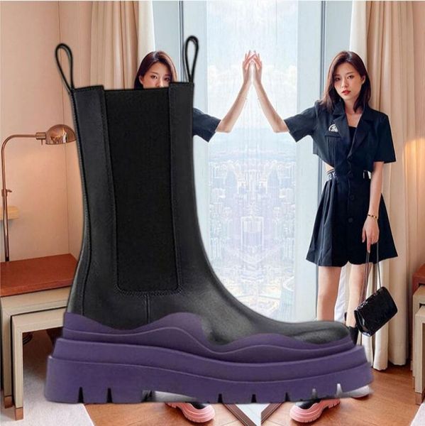 two tone tire chelsea boots women platform chunky boot lady luxe design men calf desiger mid tube calfskin slip-on style round toe boots pur, Black
two tone tire chelsea boots women platform chunky boot lady luxe design men calf desiger mid tube calfskin slip-on style round toe boots pur, Black