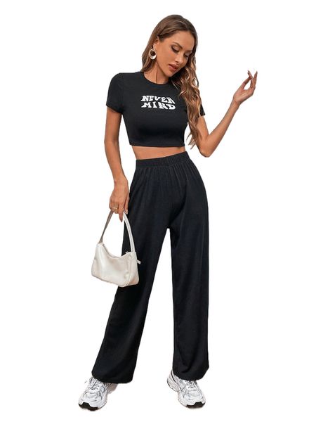 slogan graphic crop tee & pants w93m#, White
slogan graphic crop tee & pants w93m#, White