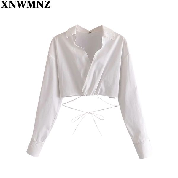 

xnwmnz blouse women fashion surplice cropped shirt with ties woman crossover v neck long sleeve female shirts chic 210513, White