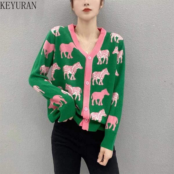 women sweater knitted green cartoon zebra cardigan v-neck jumper loose casual lady female clothes single-breasted buttons, White;black
women sweater knitted green cartoon zebra cardigan v-neck jumper loose casual lady female clothes single-breasted buttons, White;black