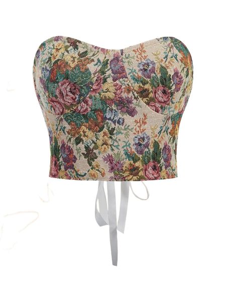floral pattern grommet lace up back bustier tube 57ho#, White