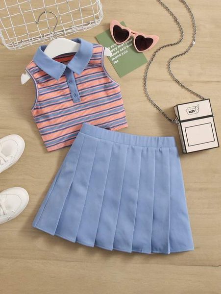 girls polo neck striped tank & pleated skirt she, White
girls polo neck striped tank & pleated skirt she, White
