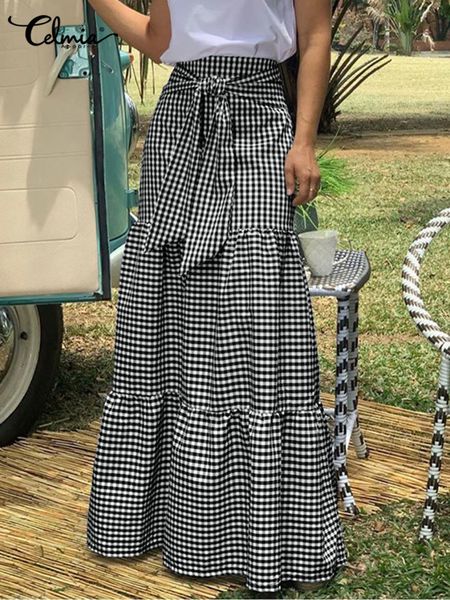 women long maxi skirts celmia autumn vintage high waist female faldas casual plaid check loose printed belted pleated skirt 220707, Black
women long maxi skirts celmia autumn vintage high waist female faldas casual plaid check loose printed belted pleated skirt 220707, Black