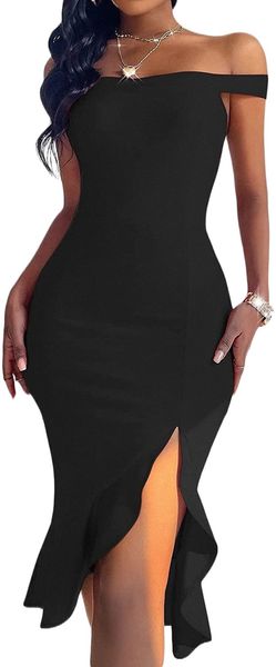 women's off the shoulder split ruffle hem bodycon midi dress n2am#, White;black
women's off the shoulder split ruffle hem bodycon midi dress n2am#, White;black
