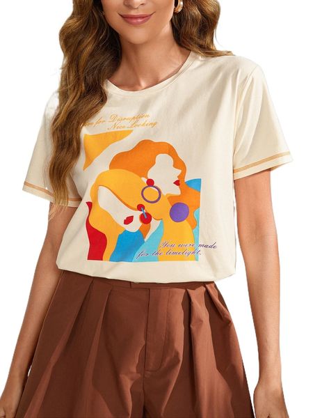 slogan and figure graphic tee 63hj#, White