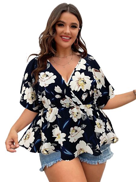 plus floral print peplum blouse 05fu#, Black