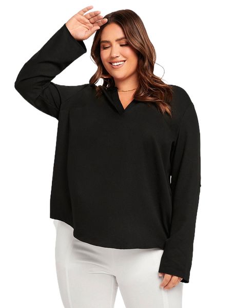 evolu plus solid popover blouse v6dg#, Black