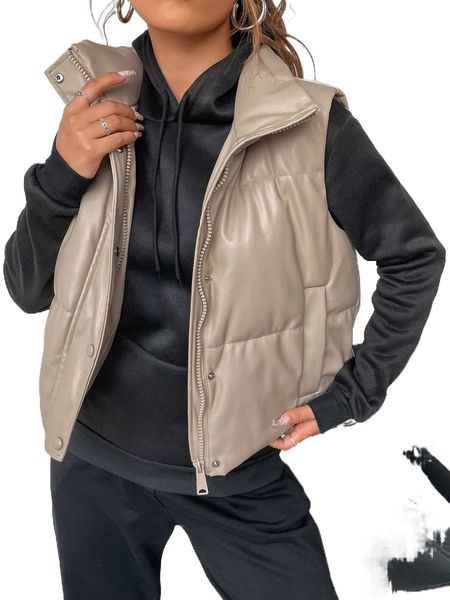 pu zip up puffer vest jacket m5ks#, Black;brown 
pu zip up puffer vest jacket m5ks#, Black;brown