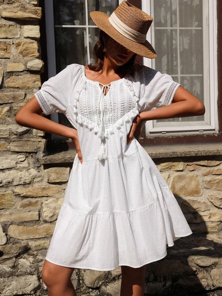 contrast guipure lace tie neck tassel detail ruffle hem smock dress j6ei#, Black;gray
contrast guipure lace tie neck tassel detail ruffle hem smock dress j6ei#, Black;gray