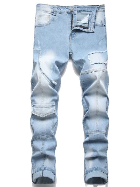 men raw cut flap pocket cargo jeans t2th#, Blue
