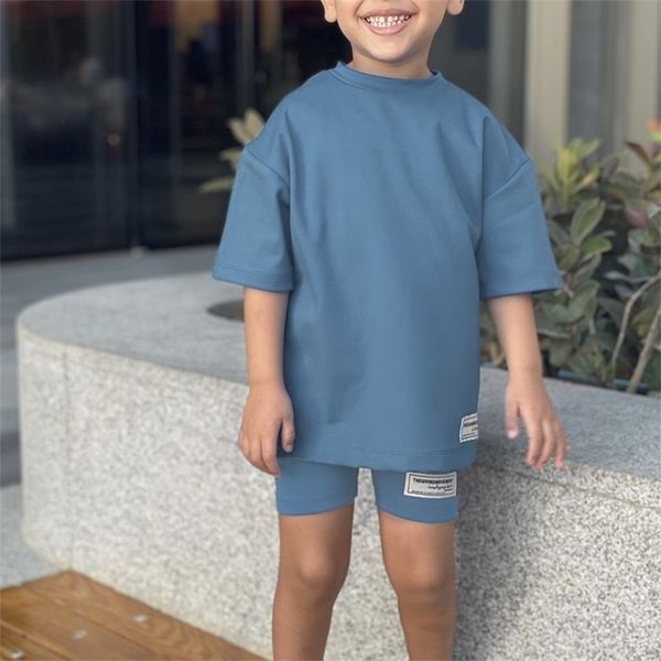 children loose tshirt yoga shorts two piece sets sports casual short sleeve leggings kids clothes girls and boy 220714, White