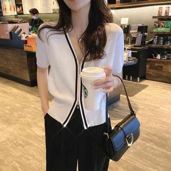 women's polos design sense double zipper short sleeved knitted cardigan women's summer thin ice silk t-shirt contrast color niche, White
women's polos design sense double zipper short sleeved knitted cardigan women's summer thin ice silk t-shirt contrast color niche, White