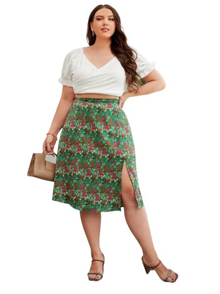plus ditsy floral split hem skirt y7dq#, Black