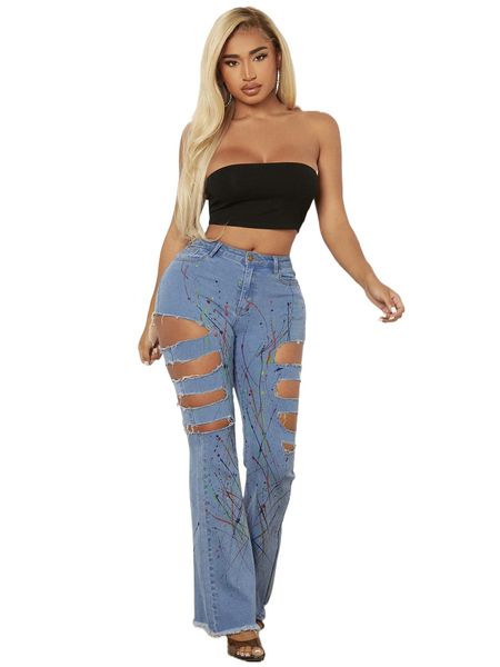 sxy splash ink print ripped jeans q8v7#, Blue