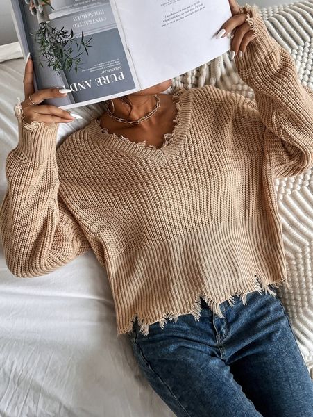 v-neck drop shoulder distressed edge sweater 57fl#, White;black
v-neck drop shoulder distressed edge sweater 57fl#, White;black