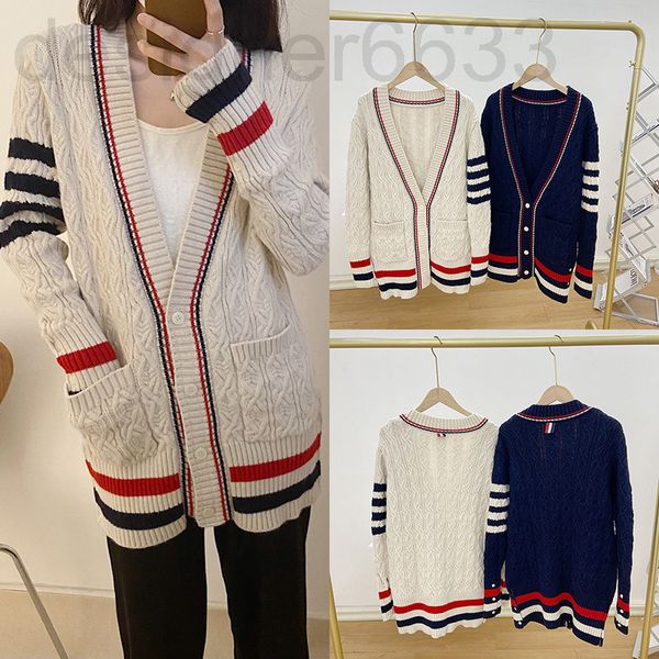 women's knits & tees designer tb wool stripe v-neck cardigan sweater thick women loose medium length coat kn47, White
women's knits & tees designer tb wool stripe v-neck cardigan sweater thick women loose medium length coat kn47, White