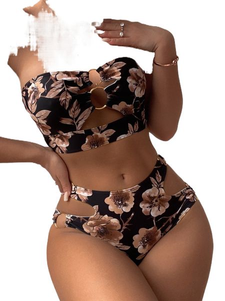 floral print ring linked bandeau bikini swimsuit h49z#, White;black 
floral print ring linked bandeau bikini swimsuit h49z#, White;black