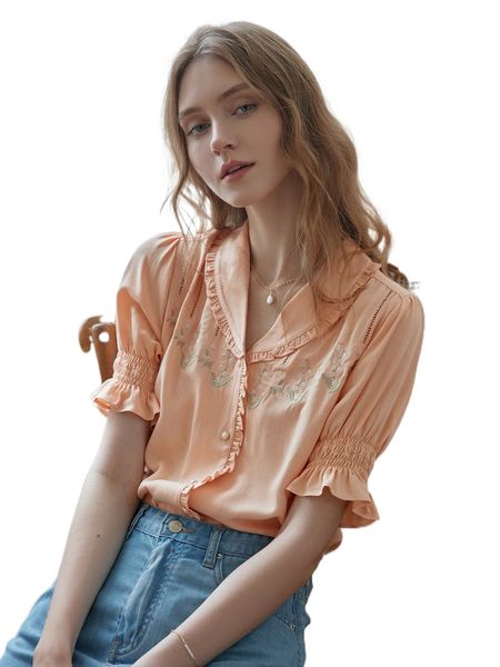 simple retro floral embroidery frill trim shirred flounce cuff shirt 19ap#, White
simple retro floral embroidery frill trim shirred flounce cuff shirt 19ap#, White