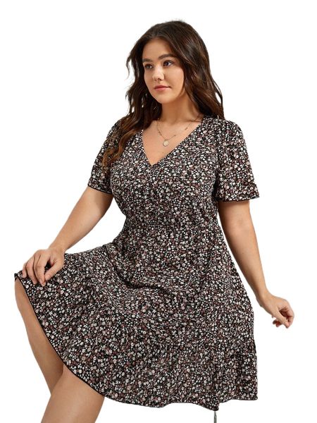 plus ditsy floral print butterfly sleeve ruffle hem dress m8i7#, Black 
plus ditsy floral print butterfly sleeve ruffle hem dress m8i7#, Black