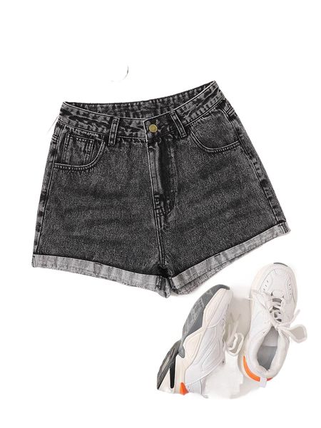 gray wash roll up hem denim shorts k0vx#, White;black 
gray wash roll up hem denim shorts k0vx#, White;black