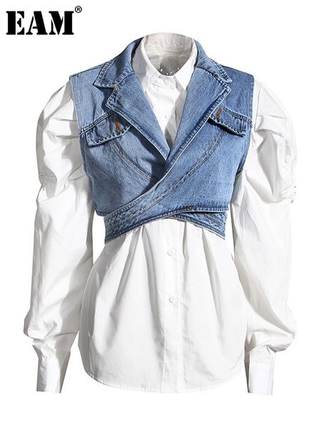 eam women blue denim irregular blouse lapel long puff sleeve loose fit shirt fashion spring autumn 1z595 220810, White
eam women blue denim irregular blouse lapel long puff sleeve loose fit shirt fashion spring autumn 1z595 220810, White