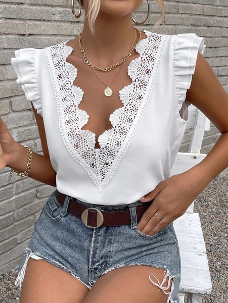 guipure lace trim ruffle sleeve plunging neck blouse f79m#, White