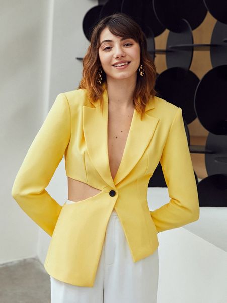 lapel collar cutout waist stepped hem blazer e3bn#, White
