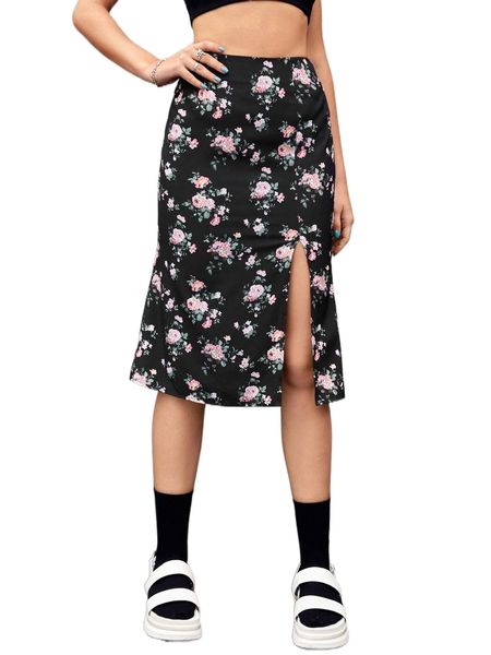 floral print split thigh skirt s3in#, Black