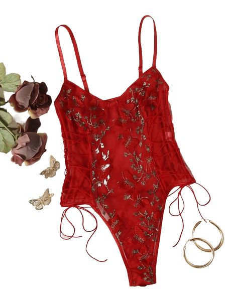 embroidered butterfly mesh lace-up teddy bodysuit e5kk#, Black;red